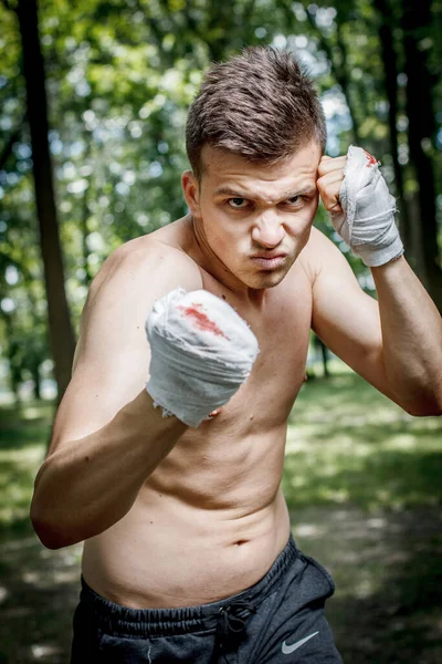 Aggressive Boxer Diligently Trains Hands Blood — Stock Photo, Image