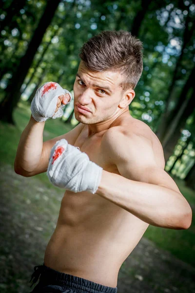 Aggressive Boxer Diligently Trains Hands Blood — Stock Photo, Image