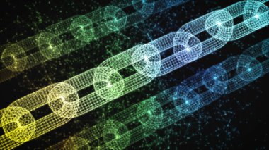 Arkaplanda soyut bir ağ ile kablo biçiminde zincirler, engelleme zinciri konsepti (3d render)