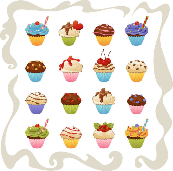 set of yummy cupcakes isolated on white background