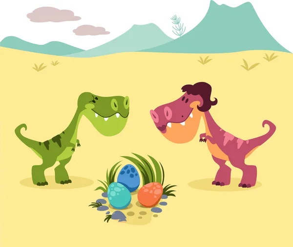 Cartoon Dinosaurussen Met Drie Eieren — Stockfoto