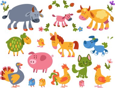 Beyaz arka planda izole edilmiş çiftlik hayvanları ve kuşların toplanması