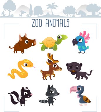 Hayvanat bahçesi hayvanları beyaz arka planda izole edilmiş