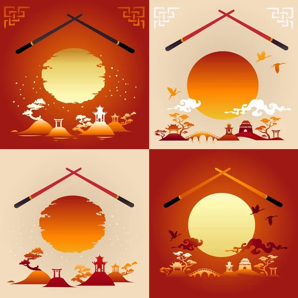 Four Pictures Japanese Traditional Landscapes — Stock Photo, Image