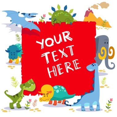 Beyaz arka plan üzerinde izole boş işareti ile sevimli karikatür dinozorlar