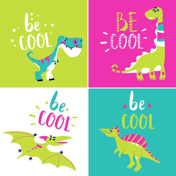 Set of cartoon dinosaurs with letterings