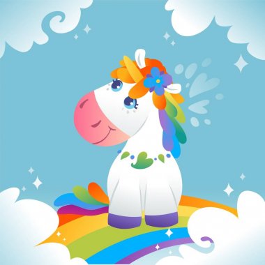 Gökkuşağı üzerinde oturan gökkuşağı yele ve boynuz ile Magic Unicorn 