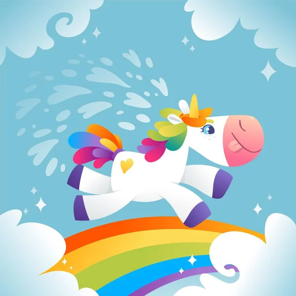 Lilla Unicorn Med Regnbåge Och Moln — Stockfoto