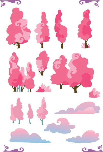Set of cartoon fantasy shape trees isolated on white background