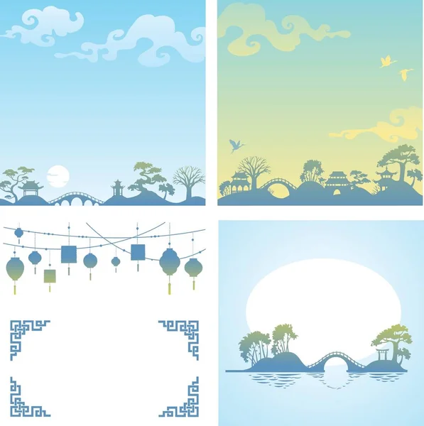 Set of backgrounds with traditional asian landscapes