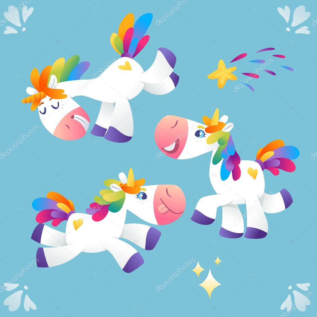 set of unicorns with rainbow mane in different poses