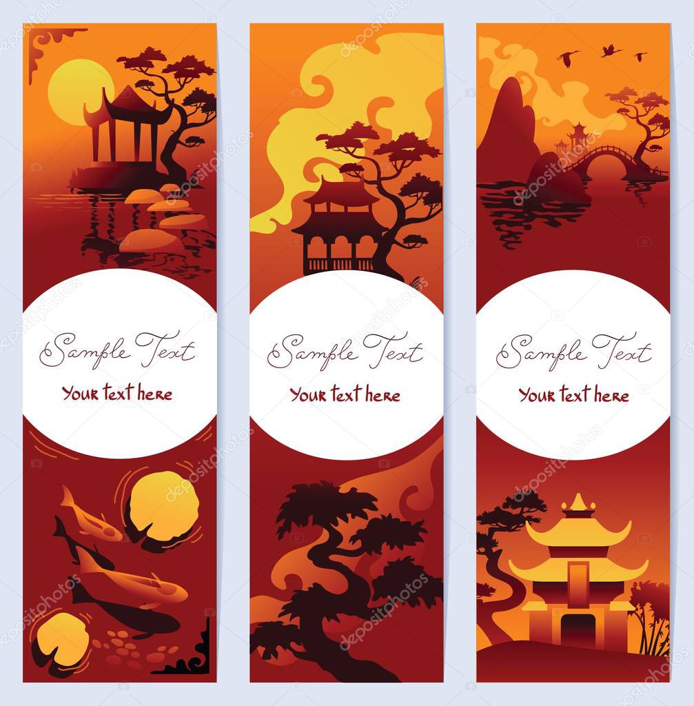 Set of vertical banners with asian landscapes