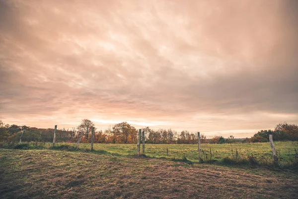 Paesaggio di campagna con recinzione cablata — Foto Stock