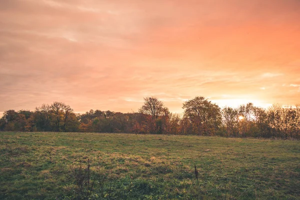 Pôr do sol do campo com cores alaranjadas no céu — Fotografia de Stock