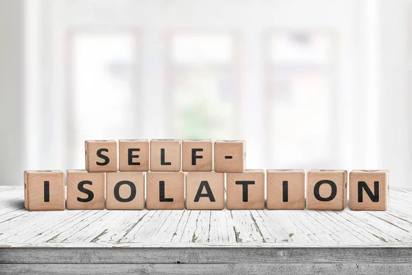 Self Isolation Sign Desk Bright Living Room Sunny Day — Stock Photo, Image