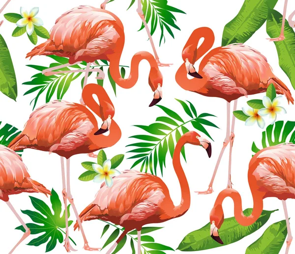 Flamant rose oiseau et fleurs tropicales Arrière-plan - Vecteur de motif sans couture — Photo