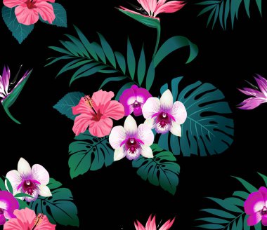 Tropikal çiçek ve yaprak siyah arka plan üzerine. Sorunsuz. Vektör.