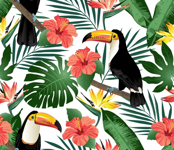 Oiseaux tropicaux et feuilles de palmier fond sans couture. Vecteur . — Image vectorielle