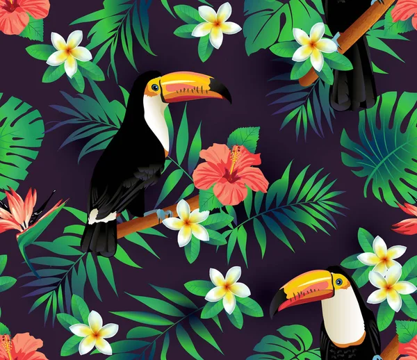 Oiseaux tropicaux et feuilles de palmier fond sans couture. Vecteur . — Image vectorielle