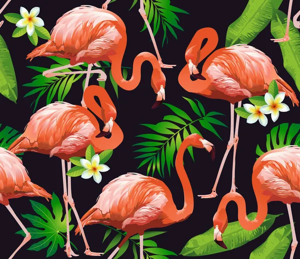 Flamingo pták a tropické květiny pozadí - bezešvé vzor vektor — Stockový vektor