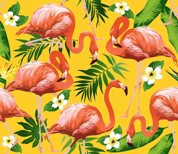 Flamingo pássaro e flores tropicais fundo - vetor padrão sem costura — Vetor de Stock