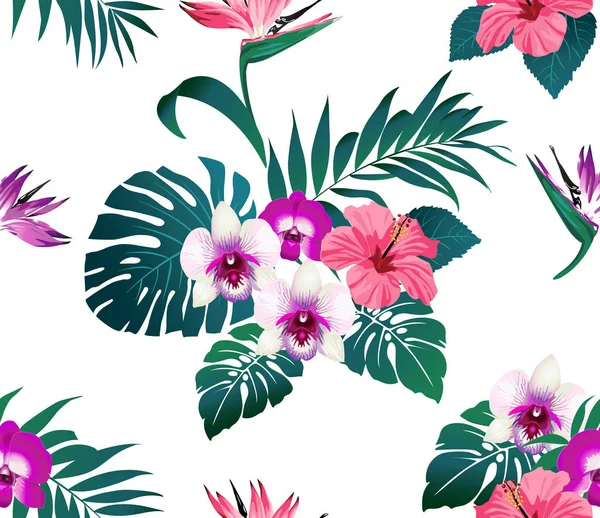 Fleurs et feuilles tropicales sur fond noir. Sans couture. Vecteur . — Image vectorielle