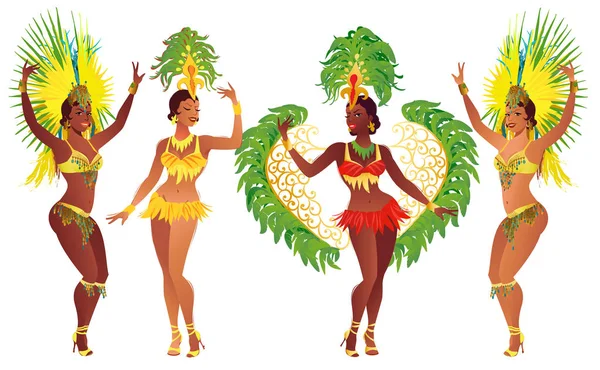 Conjunto de bailarines brasileños de samba. Vector chicas de carnaval con un disfraz de festival está bailando . — Vector de stock