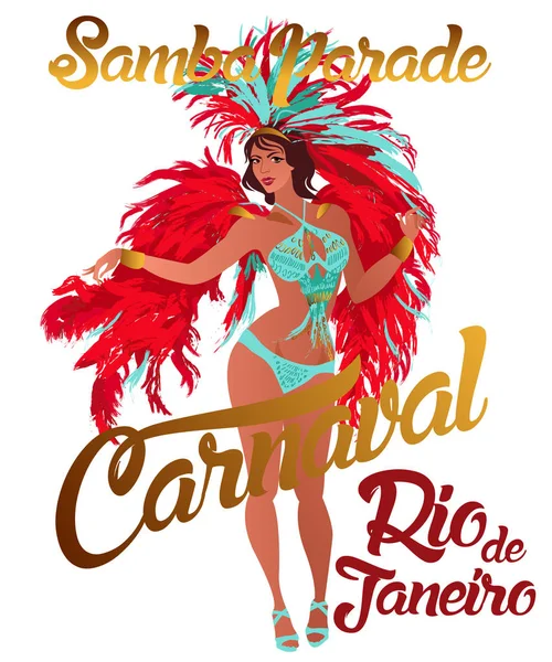 Bailarina brasileña de samba. Una hermosa chica de carnaval con un disfraz de festival está bailando . — Vector de stock