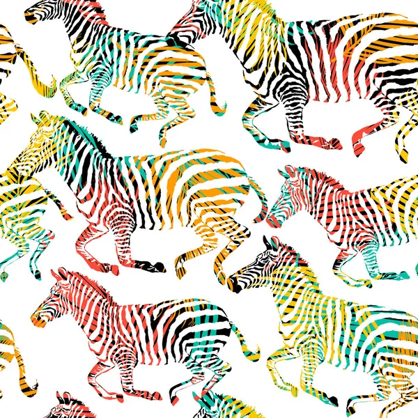 다채로운 그림 손으로 그린 배경 정글에서 구성 얼룩말 트로픽 동물. 패션 스타일에 인쇄 원활한 벡터 패턴 — 스톡 벡터