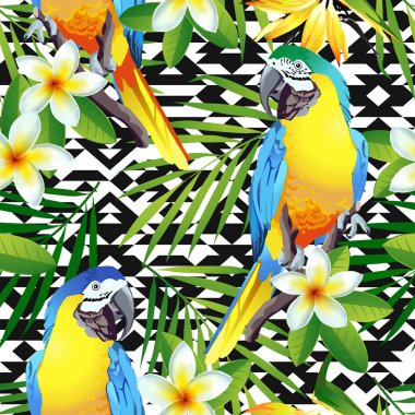Tropikal kuşlar. Renkli papağan ve egzotik çiçekler. Vektör. 