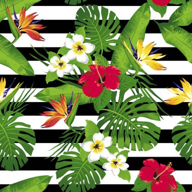 Tropikal çiçek ve yaprak çizgili arka plan üzerinde. Sorunsuz. Vektör. 