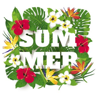 Tip tasarım ve tropik çiçekler ve bitkiler ile reklam amblemi. Tropik cenneti. Yaz. 