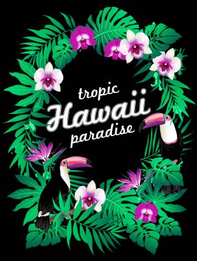 Hawai partisi! Tropikal kuşlar, çiçekler, yapraklar vektör çizim. 