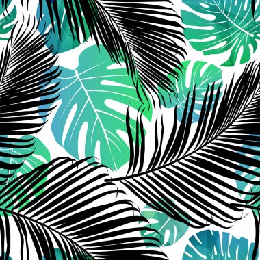 Seamless repeating pattern with silhouettes of palm tree leaves in black on white background.  clipart