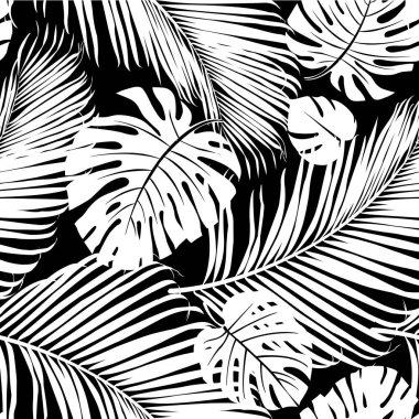 Seamless repeating pattern with silhouettes of palm tree leaves in black on white background.  clipart