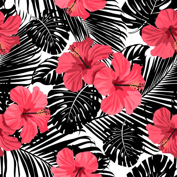 Fleurs et feuilles tropicales de corail sur fond noir et blanc. Sans couture. Vecteur . — Image vectorielle