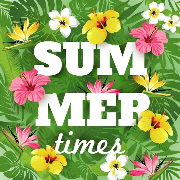Werbe-Emblem mit Typendesign und tropischen Blumen und Pflanzen. Tropisches Paradies. Sommer. — Stockvektor