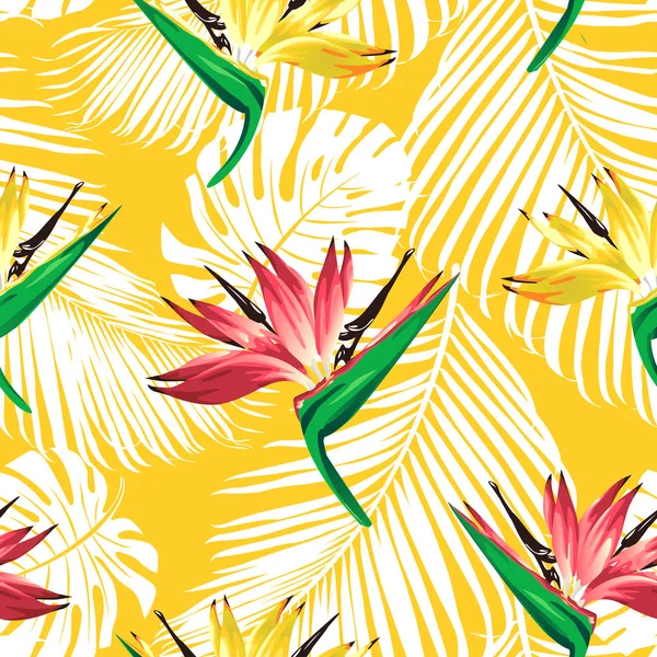 Fleurs tropicales et feuilles de palmier sur fond. Sans couture. Modèle vectoriel . — Image vectorielle