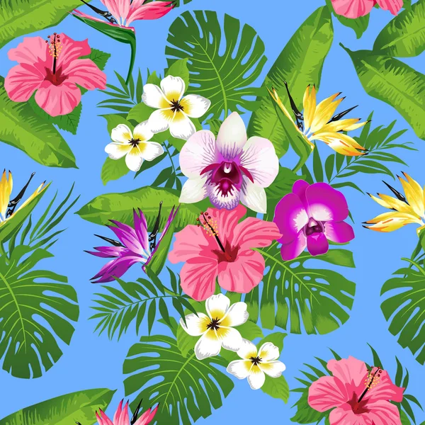 Flores tropicales y hojas sobre fondo rayado. Sin fisuras. Vector . — Archivo Imágenes Vectoriales