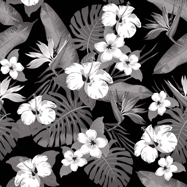 Flores tropicales y hojas sobre fondo gris. Sin fisuras. Vector . — Vector de stock