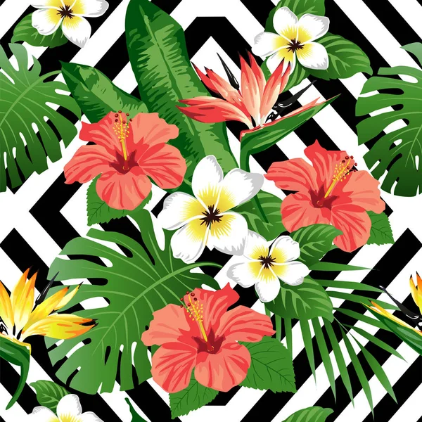 Tropiska blommor och blad på gul bakgrund. Sömlös. Vektor. — Stock vektor