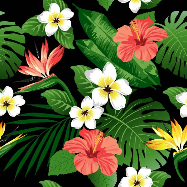Tropikal çiçek ve yaprakları sarı zemin üzerine. Sorunsuz. Vektör. — Stok Vektör