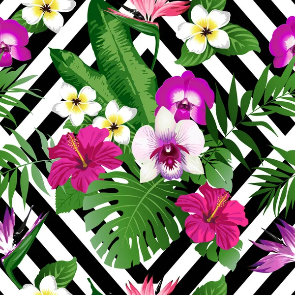 Tropische bloemen en bladeren op de achtergrond. Naadloze. Vector. — Stockvector