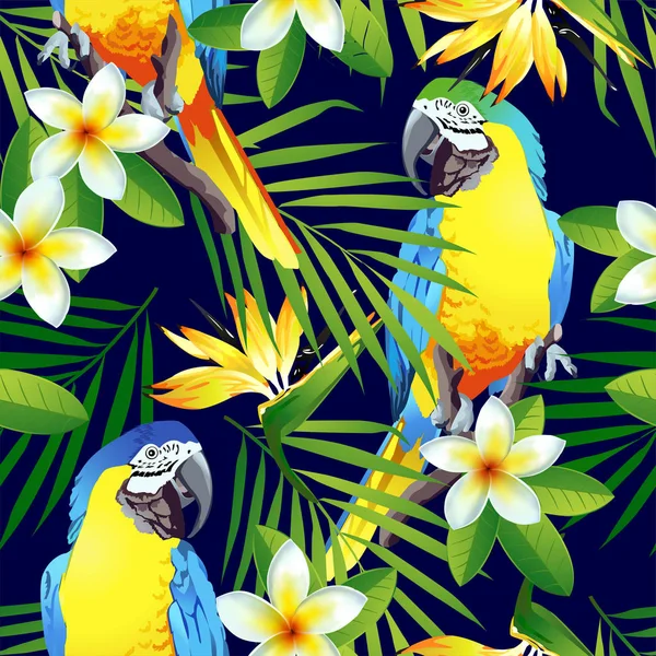 Tropical birds. Colorful parrots and exotic flowers. Vector.