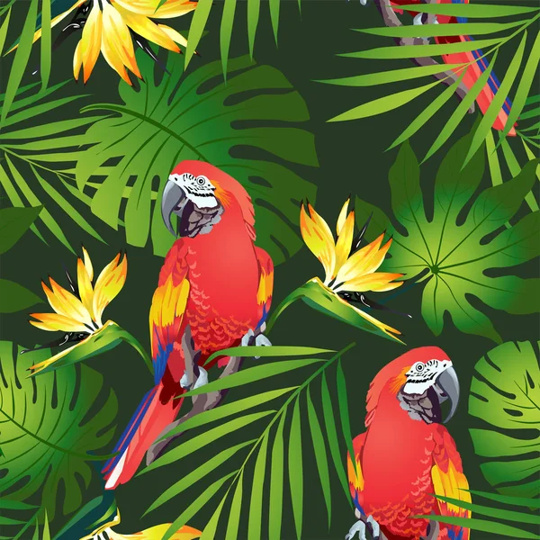 Tropical birds. Colorful parrots and exotic flowers. Vector. — Stock Vector