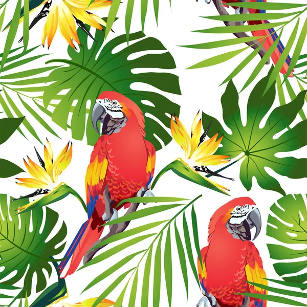Tropikal kuşlar. Renkli papağan ve egzotik çiçekler. Vektör. — Stok Vektör
