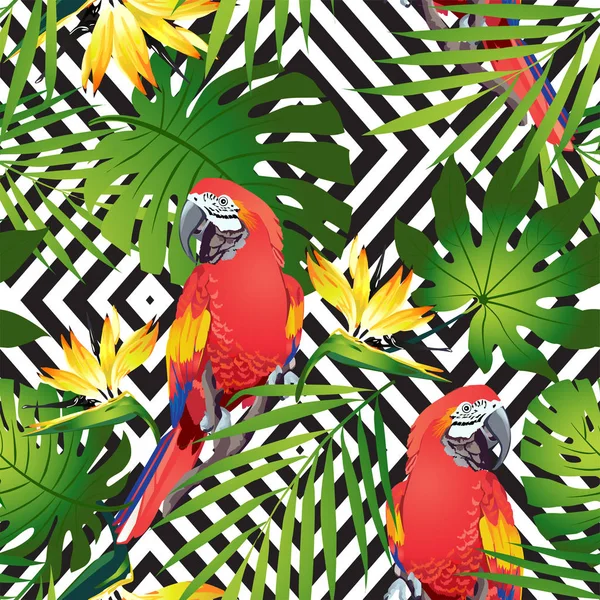 Tropical birds. Colorful parrots and exotic flowers. Vector. — Stock Vector