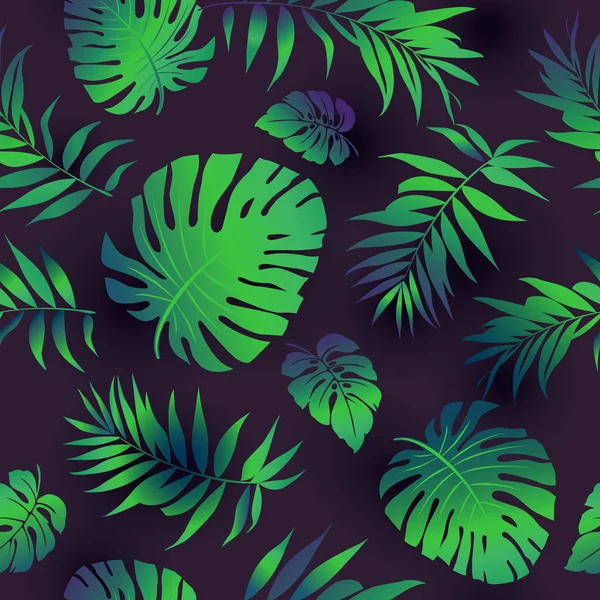 Zomer exotische bloemen tropische palm, bladeren in blauwe stijl. Patroon vector naadloze tegen de donkere achtergrond. Plant natuur behang. Vector. — Stockvector