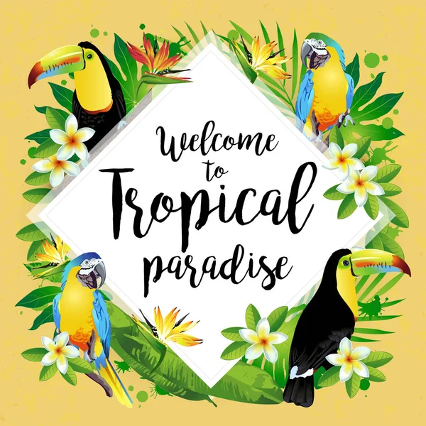 ¡Bienvenidos a la fiesta hawaiana! Ilustración vectorial de aves tropicales, flores, hojas . — Vector de stock
