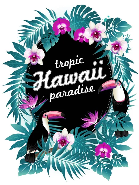 ¡Fiesta hawaiana! Ilustración vectorial de aves tropicales, flores, hojas . — Vector de stock